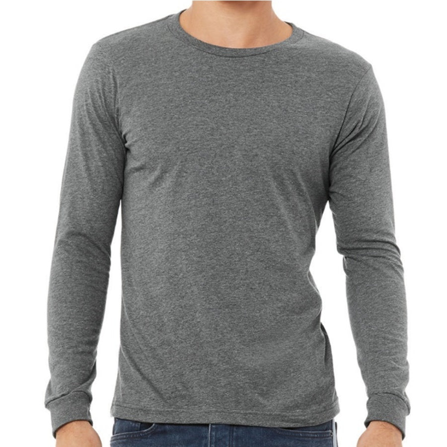 Gray long-sleeve shirt worn by a person on a white background