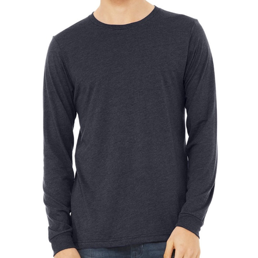Dark gray long-sleeve shirt worn by a person on a white background
