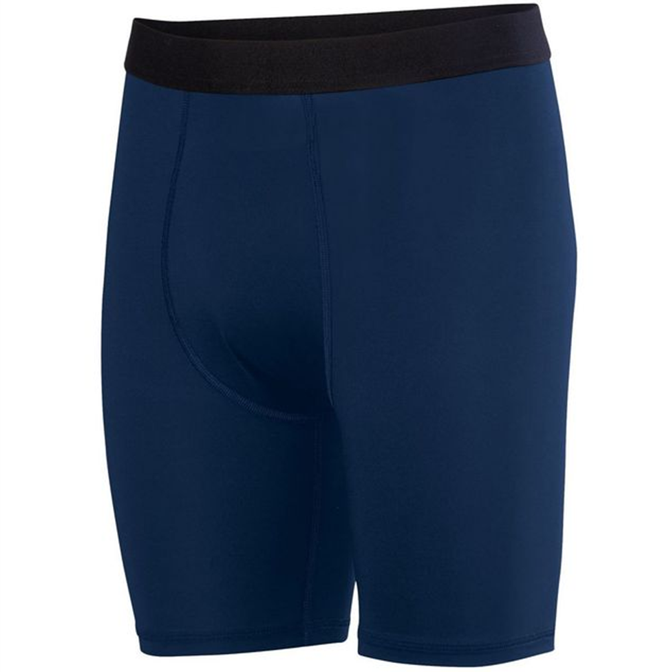 Navy blue boxer briefs with a black waistband on a white background