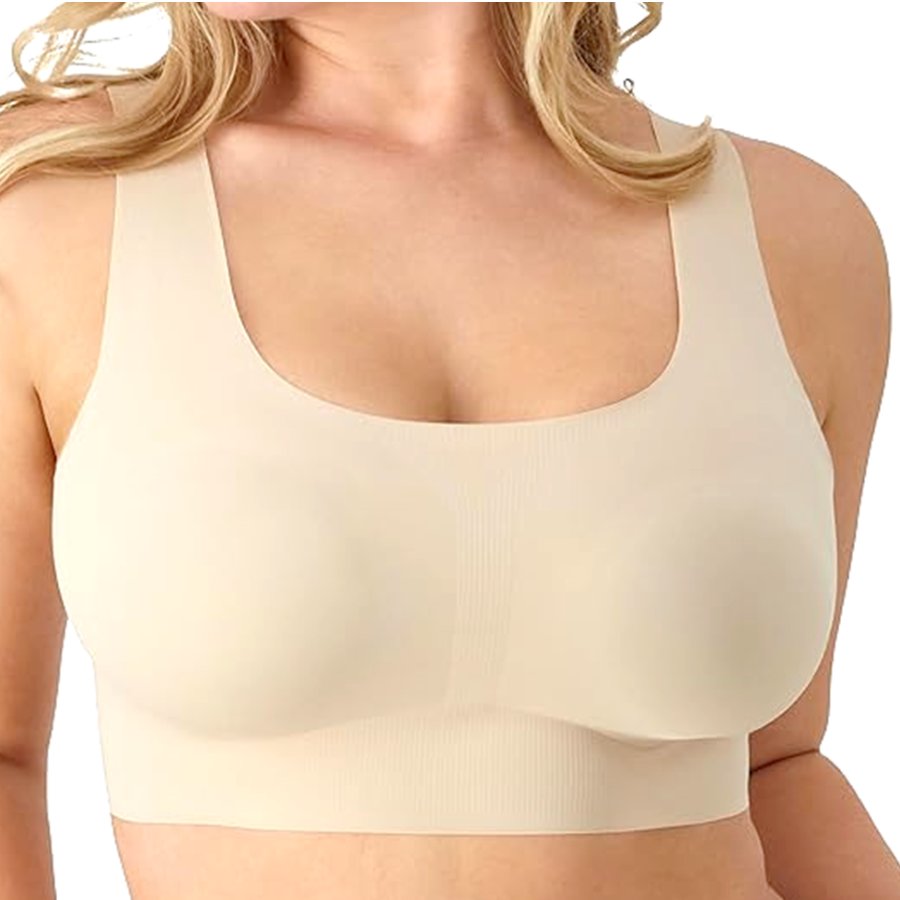 Beige sports bra worn by a person on a white background