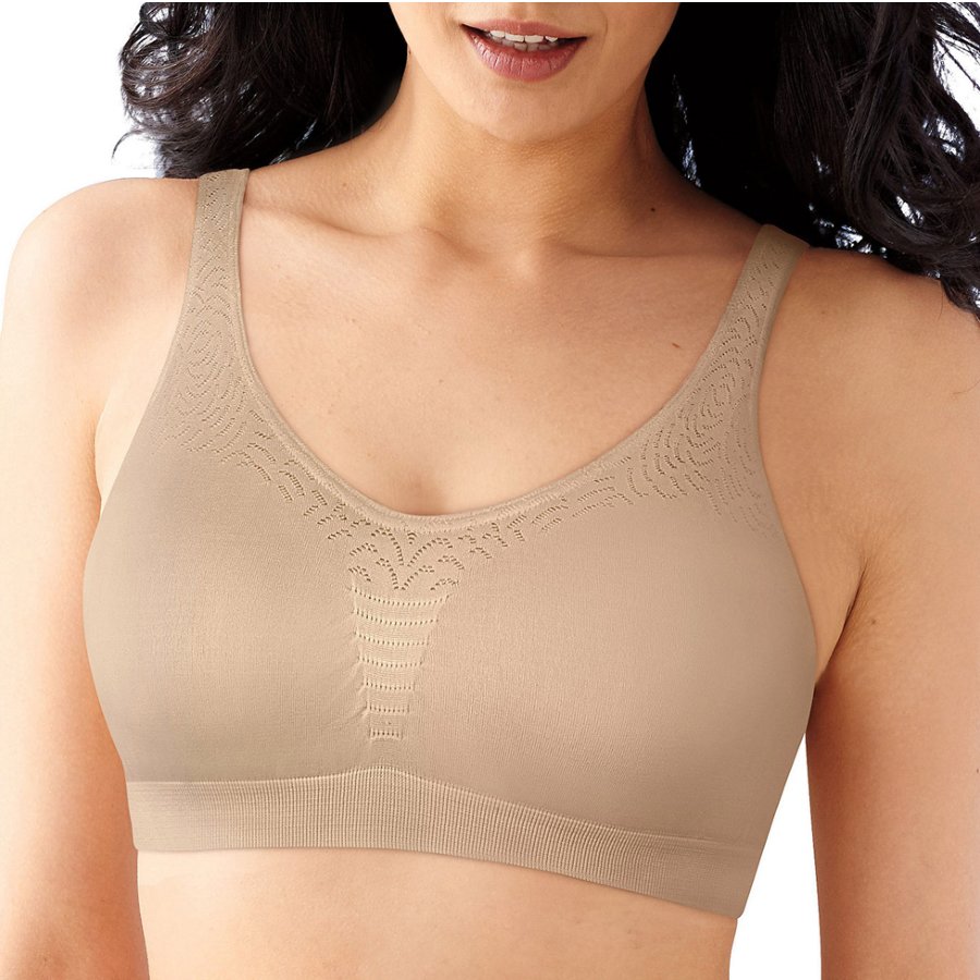 Beige bra worn by a model on a white background