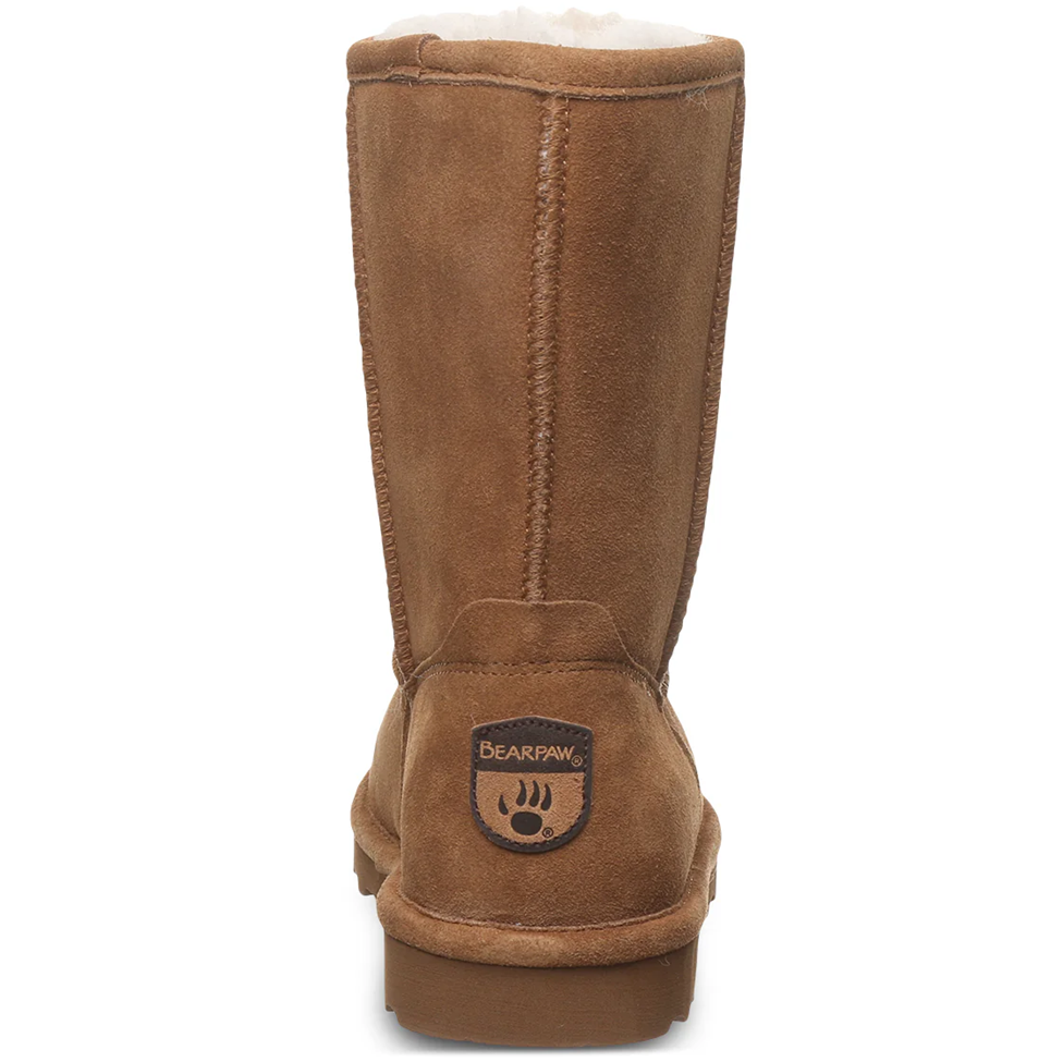 Brown suede boot with Bearpaw logo on a white background