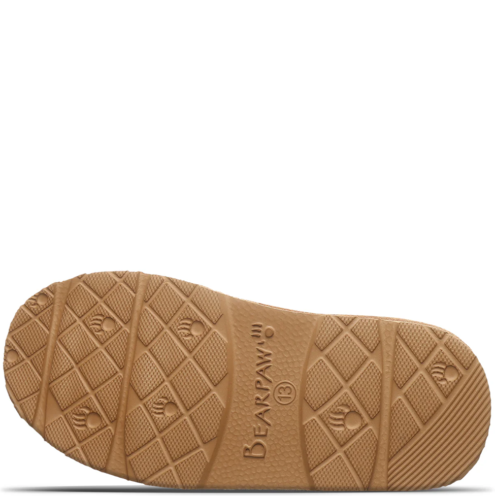 Close-up of a brown shoe sole with 'Bearpaw' branding on a white background