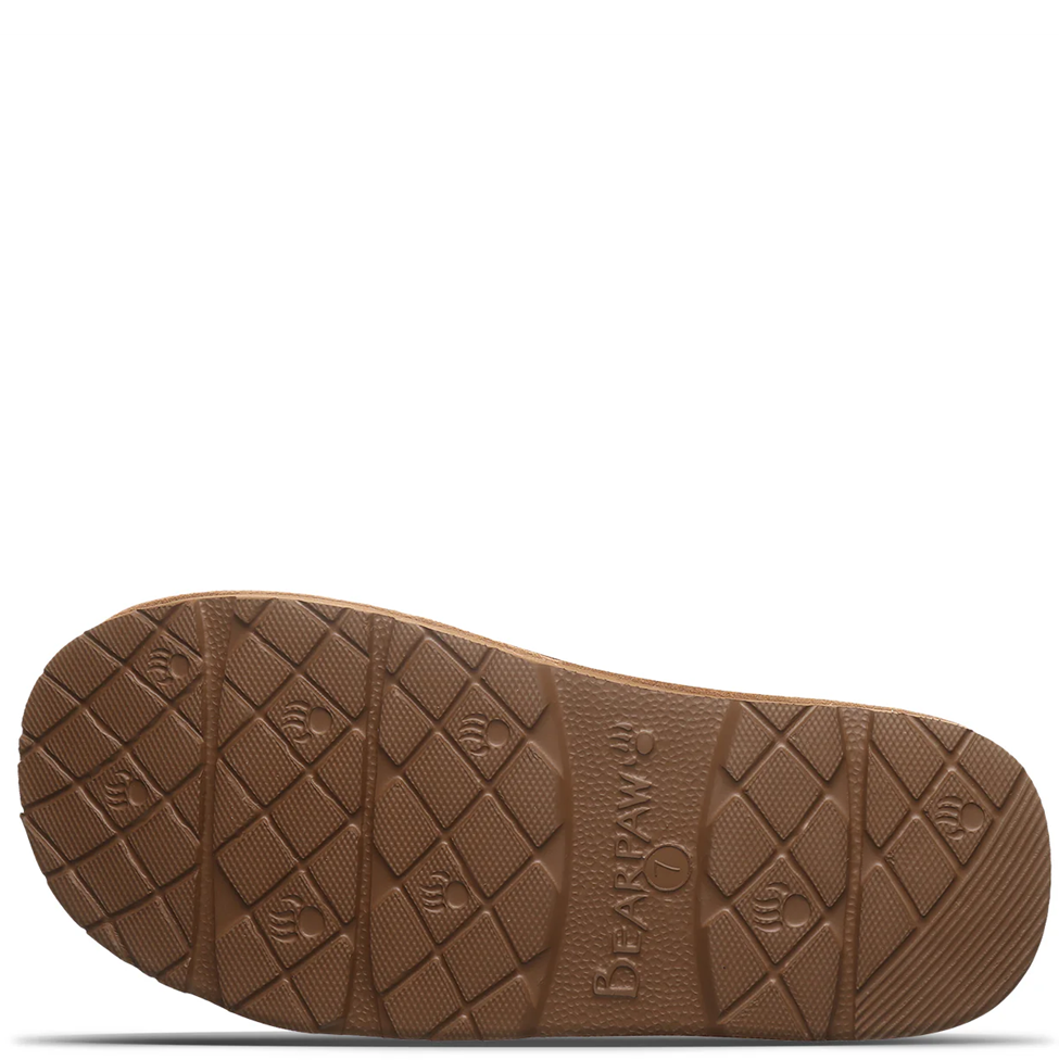 Brown sole of a shoe with a brand logo on a white background