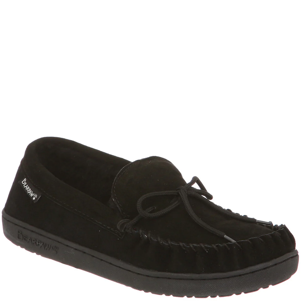 Black moccasin slipper on a white background