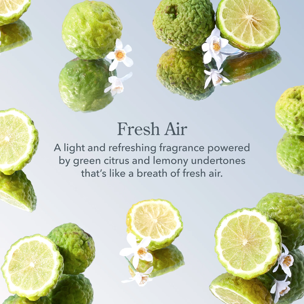 Green citrus fruits with white flowers on a light gray background, featuring text about a fragrance.
