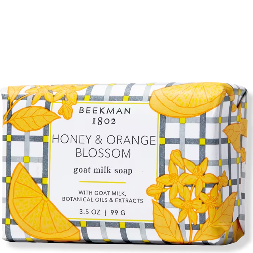 Beekman 1802 Honey & Orange Blossom goat milk soap with decorative packaging on a white background