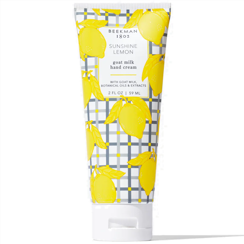 Hand cream tube with lemon design and 'Beekman 1802' branding on a white background
