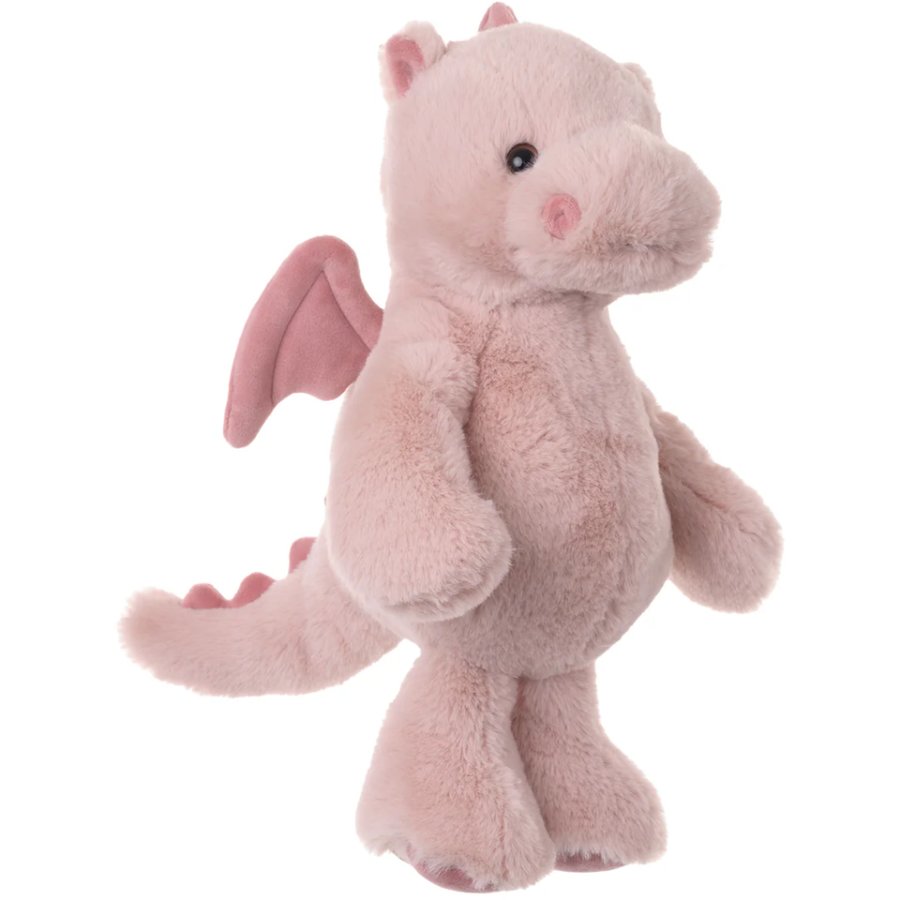 Pink plush dragon toy on a white background
