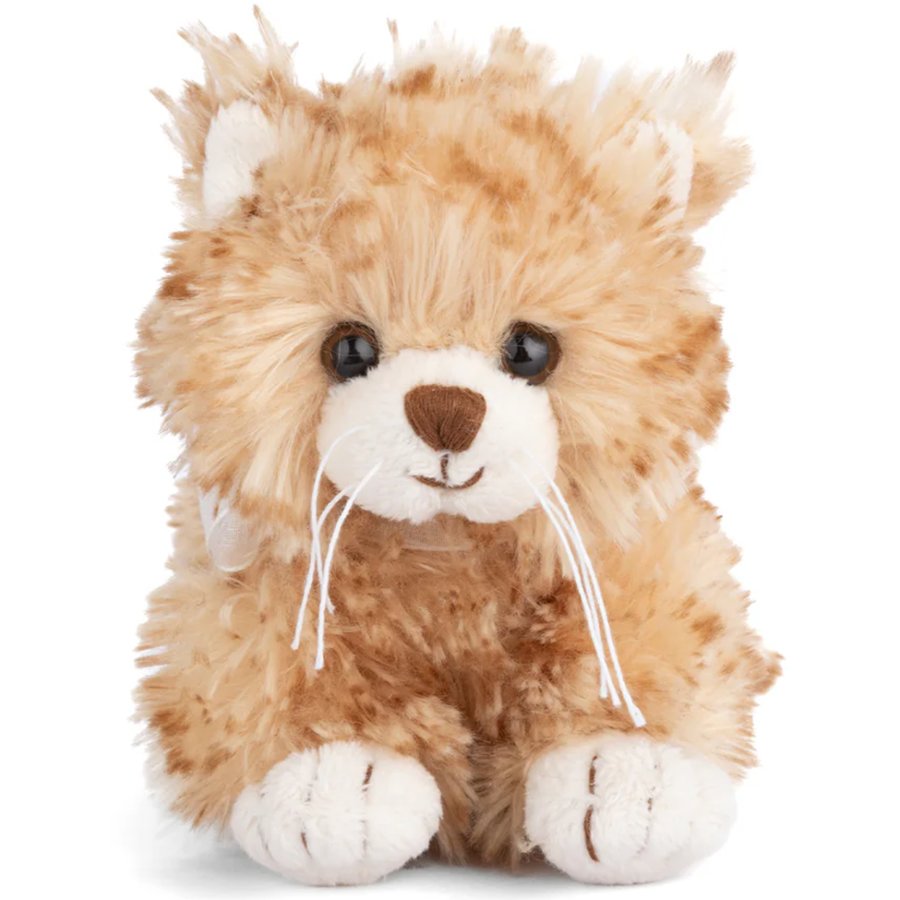 Plush toy resembling a lion with brown fur and white accents on a white background