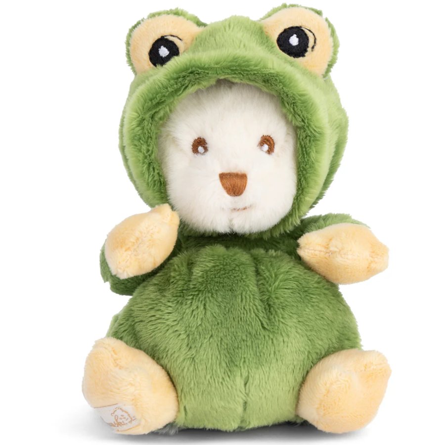 Plush toy resembling a white animal in a green frog costume on a white background