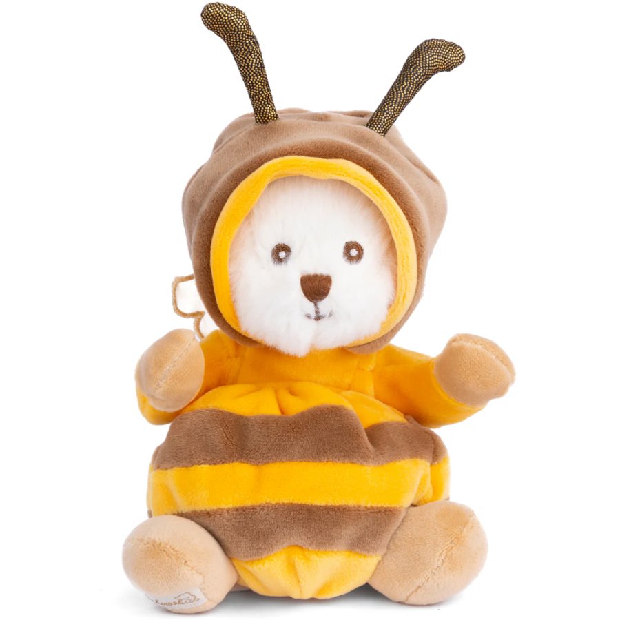 Plush toy bear wearing a bee costume on a white background