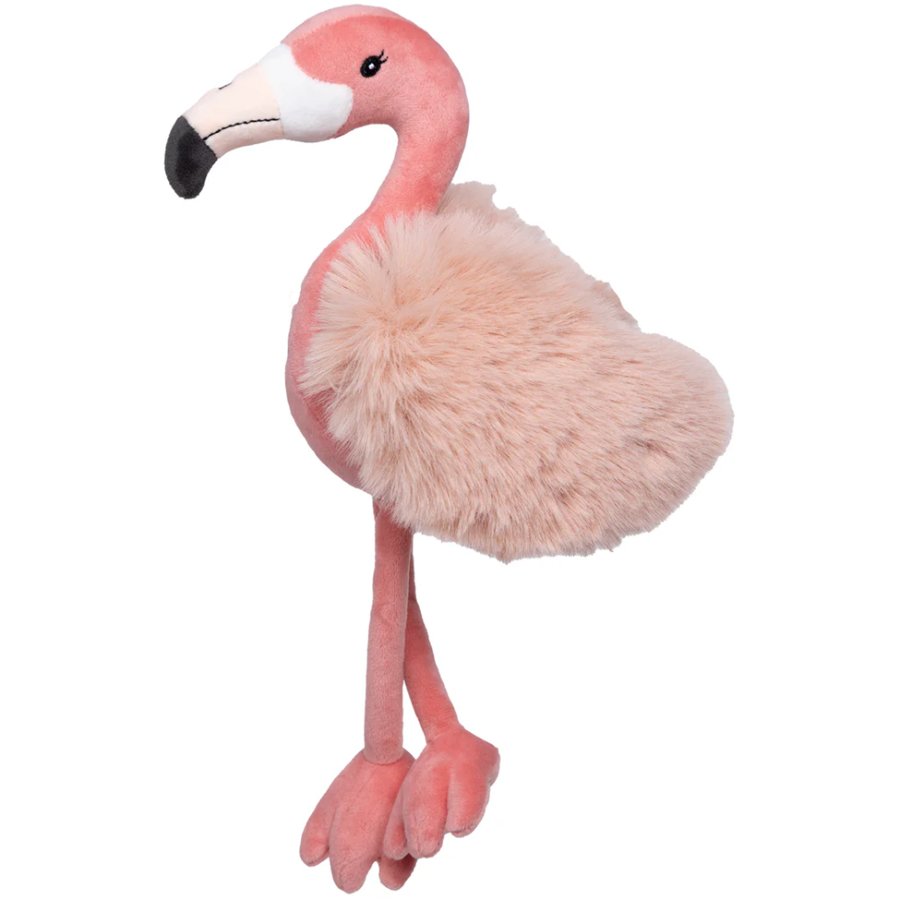 Plush flamingo toy on a white background