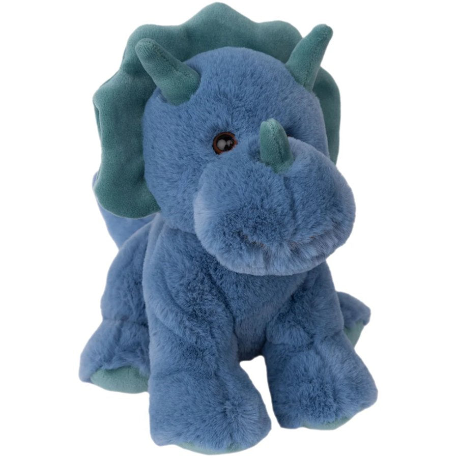 Blue plush dinosaur toy with green spikes on a white background