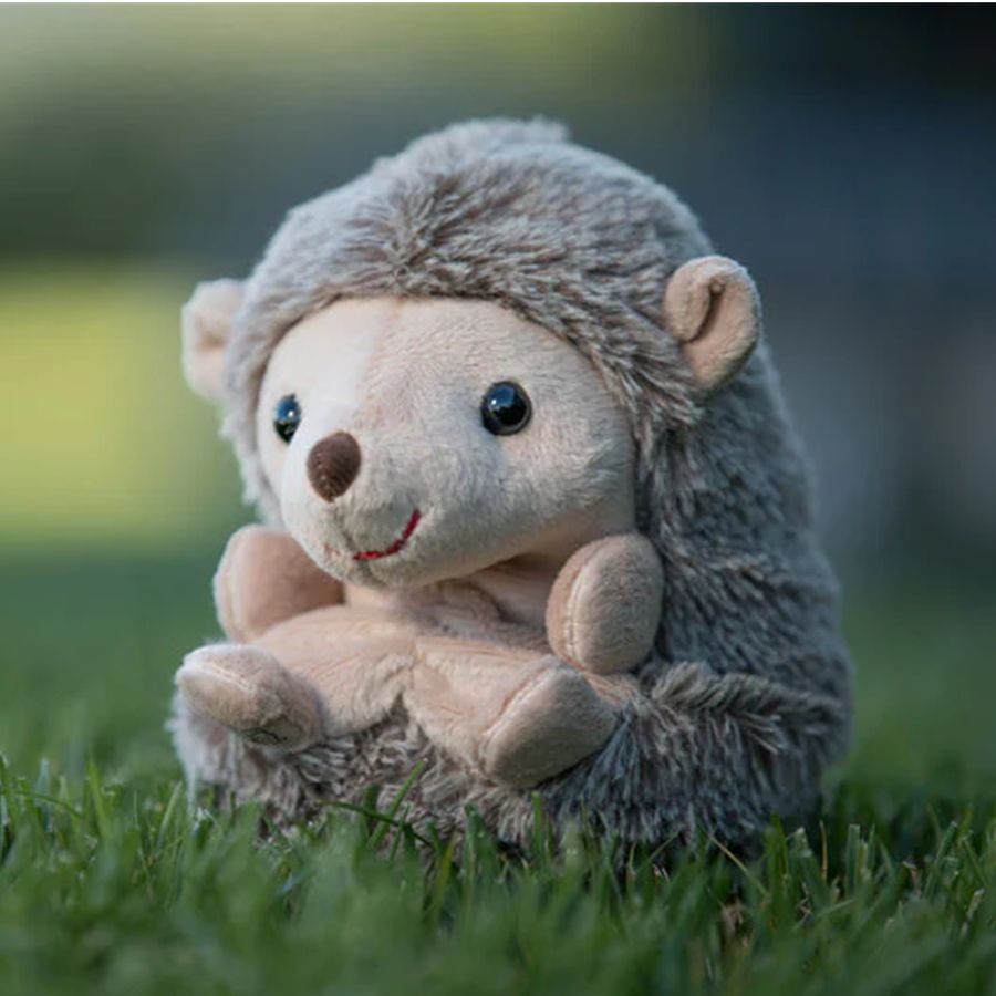 Plush hedgehog toy on grass with a blurred natural background