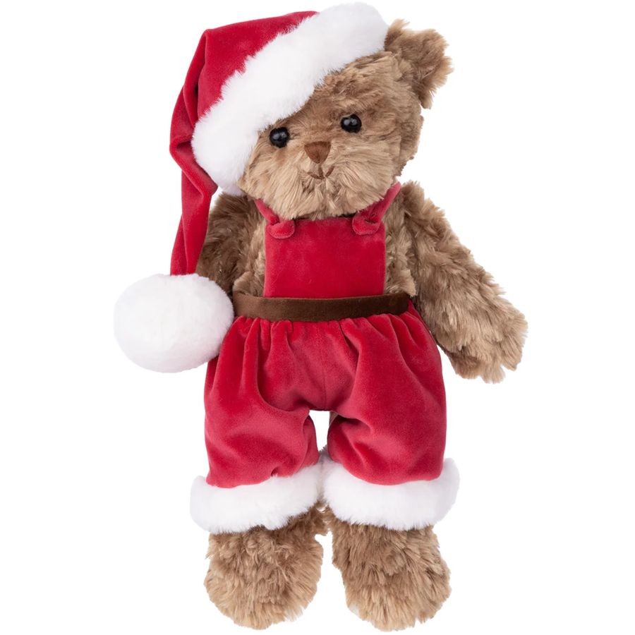 Plush teddy bear wearing a Santa outfit with red jumpsuit and hat on a white background