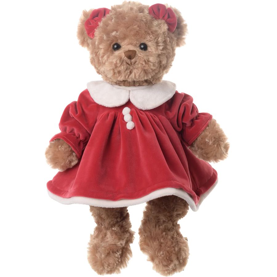 Teddy bear wearing a red dress with a white collar on a white background