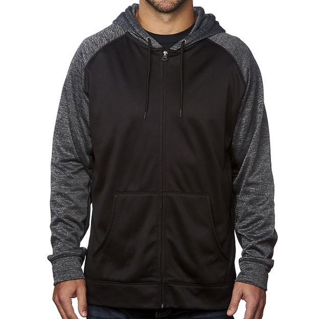 Black hoodie with gray sleeves worn by a person on a white background