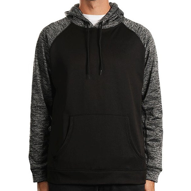 Black and gray hoodie worn by a person on a white background