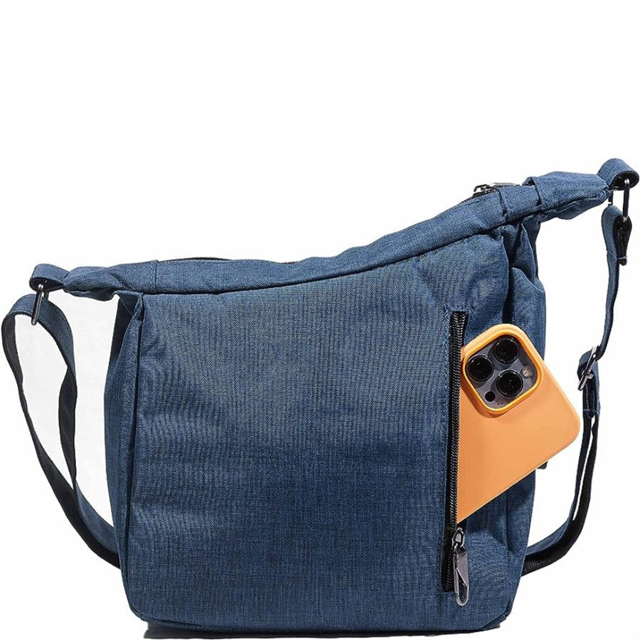 Blue shoulder bag with a yellow phone case pocket on a white background
