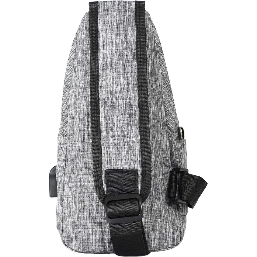 Gray sling bag with black straps on a white background