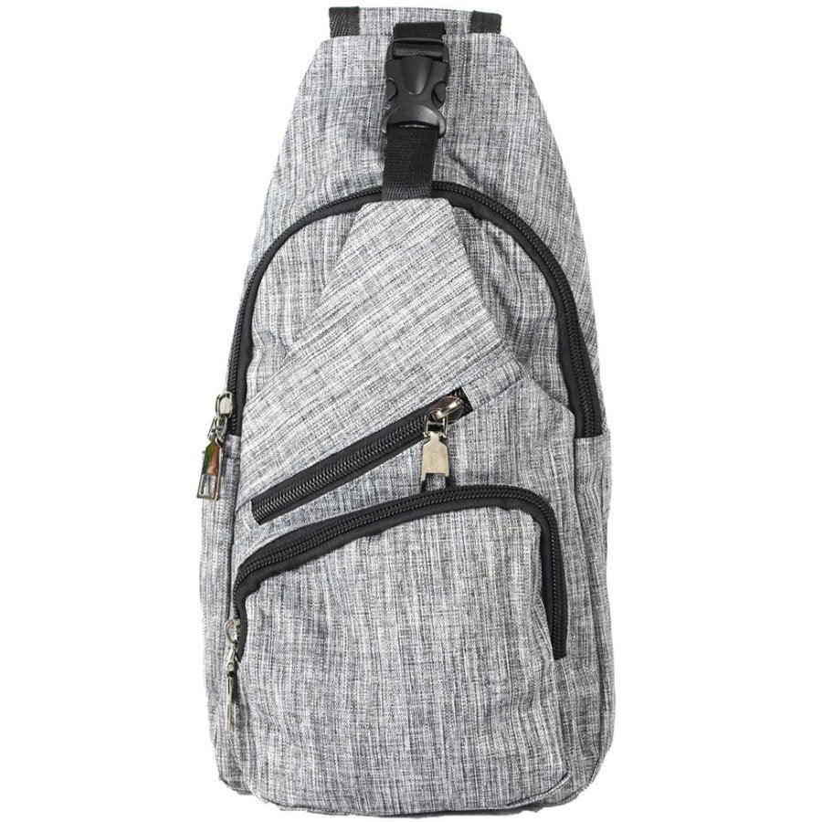 Gray sling bag with black straps and zippers on a white background