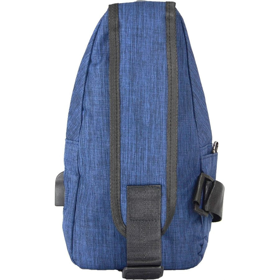 Blue backpack with black straps on a white background