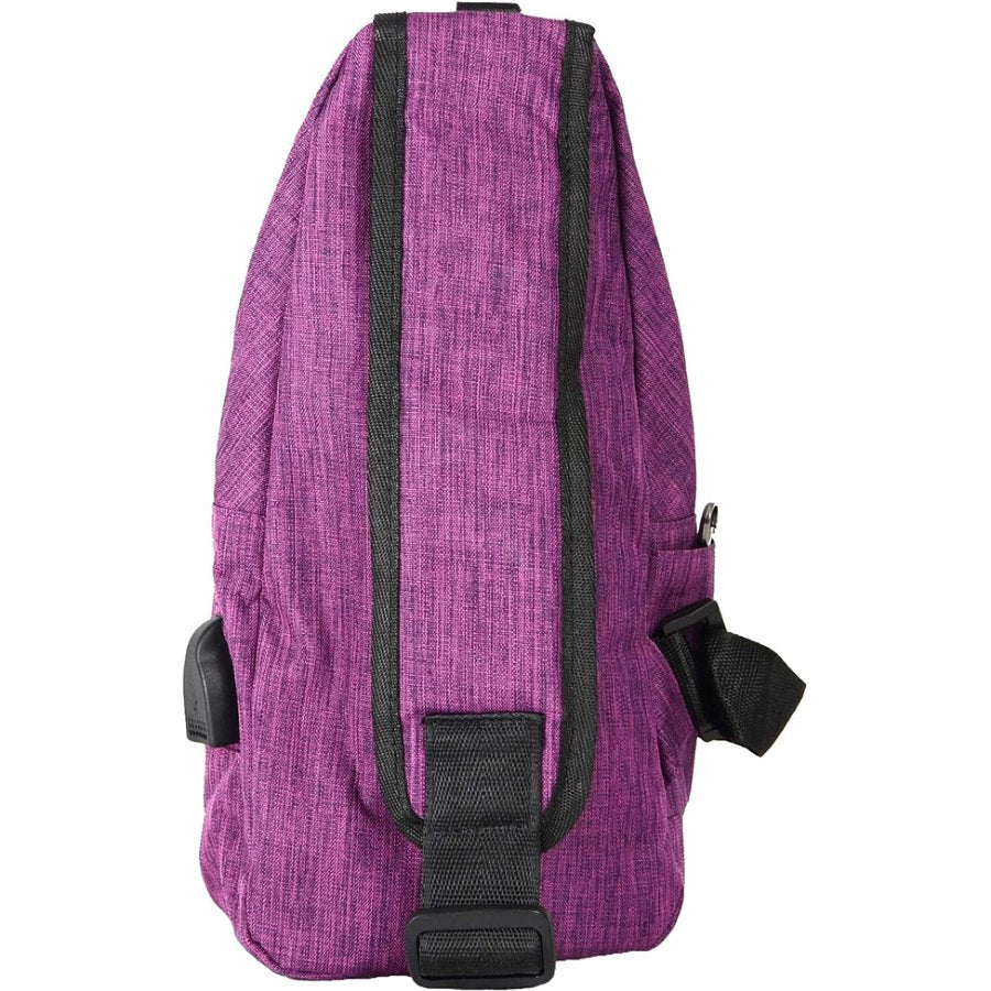 Purple backpack with black straps on a white background