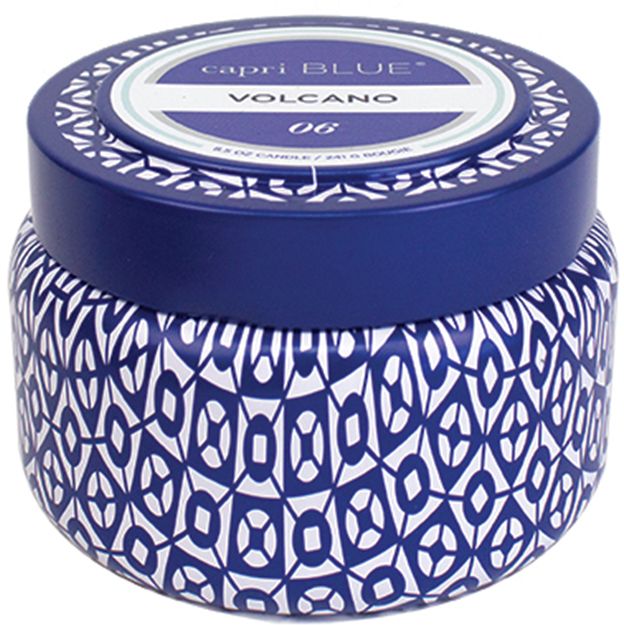 Capri Blue Volcano candle in a decorative blue and white patterned container