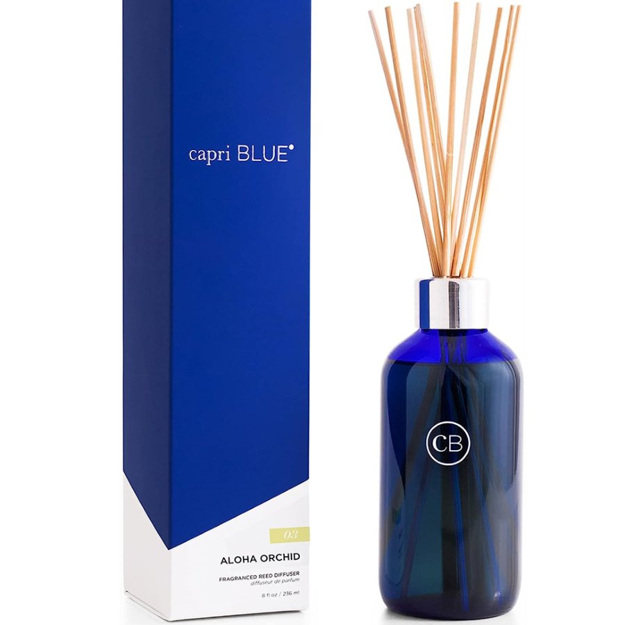Capri Blue Aloha Orchid diffuser with packaging on a white background