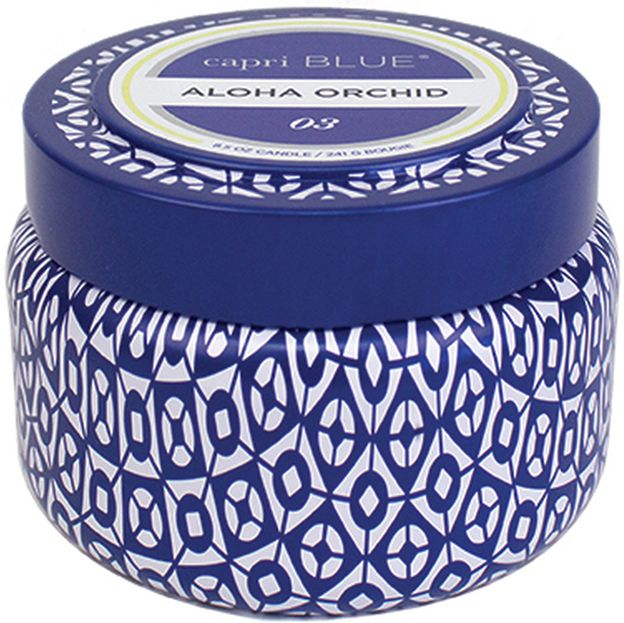 Capri Blue Aloha Orchid candle with blue and white patterned design