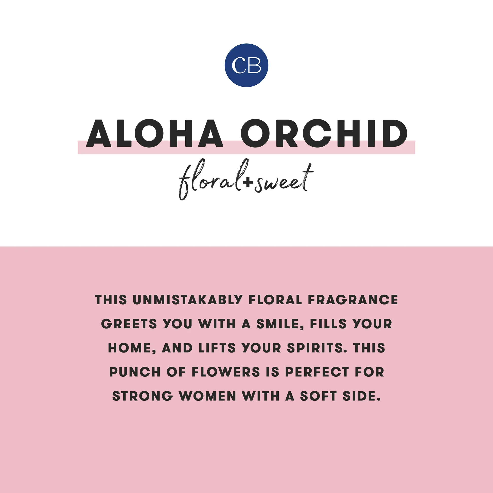Product description card for 'Aloha Orchid' fragrance with brand logo and text on a pink background.