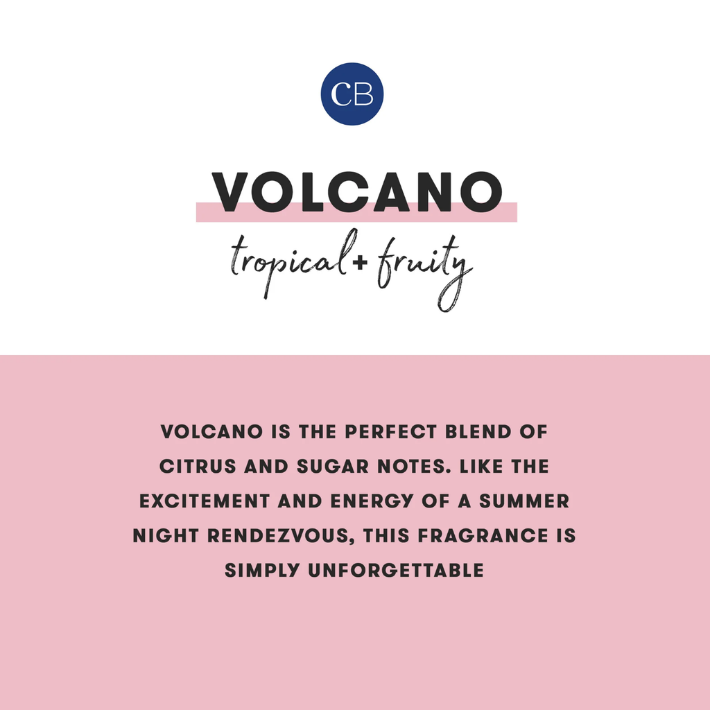 Product packaging with 'CB' logo and text describing 'Volcano' fragrance.