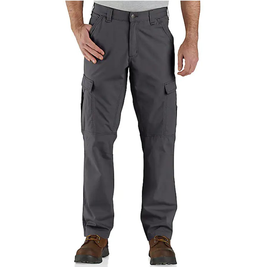 Person wearing gray cargo pants on a white background