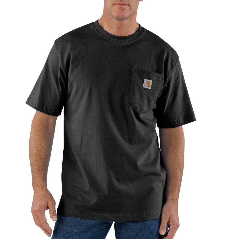 Person wearing a black t-shirt with a pocket on a white background