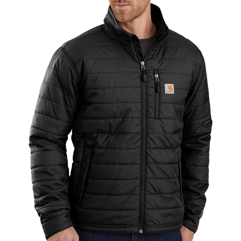 Black puffer jacket with Carhartt logo on a white background