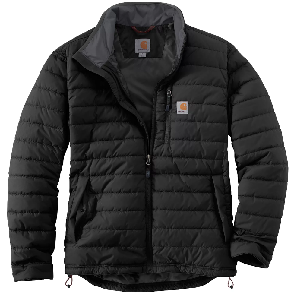 Black quilted jacket with Carhartt logo on a white background