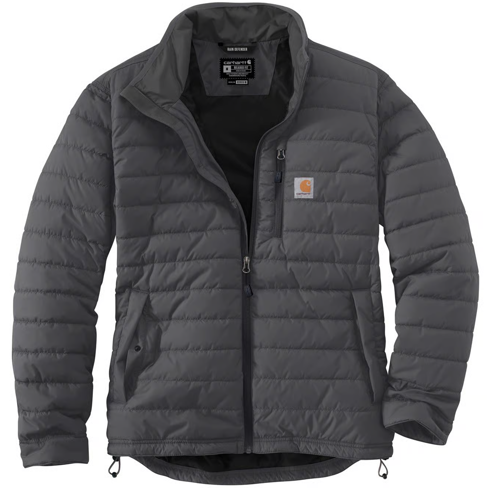 Gray puffer jacket with Carhartt logo on a white background