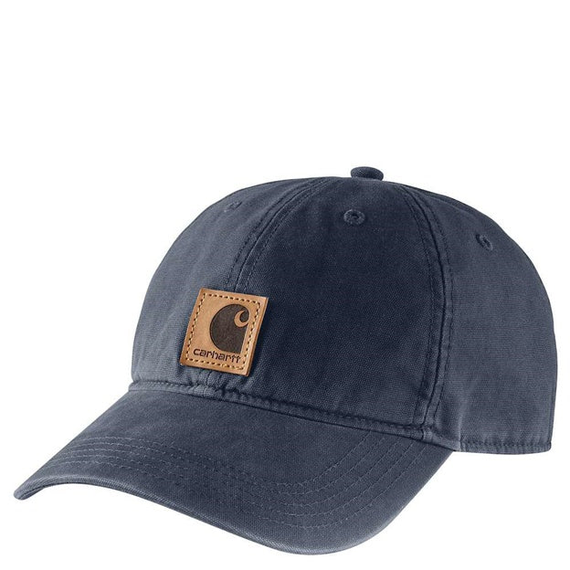 Navy blue cap with a brown leather patch featuring the Carhartt logo on a white background.