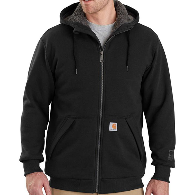 Black hoodie with a brand logo on a white background