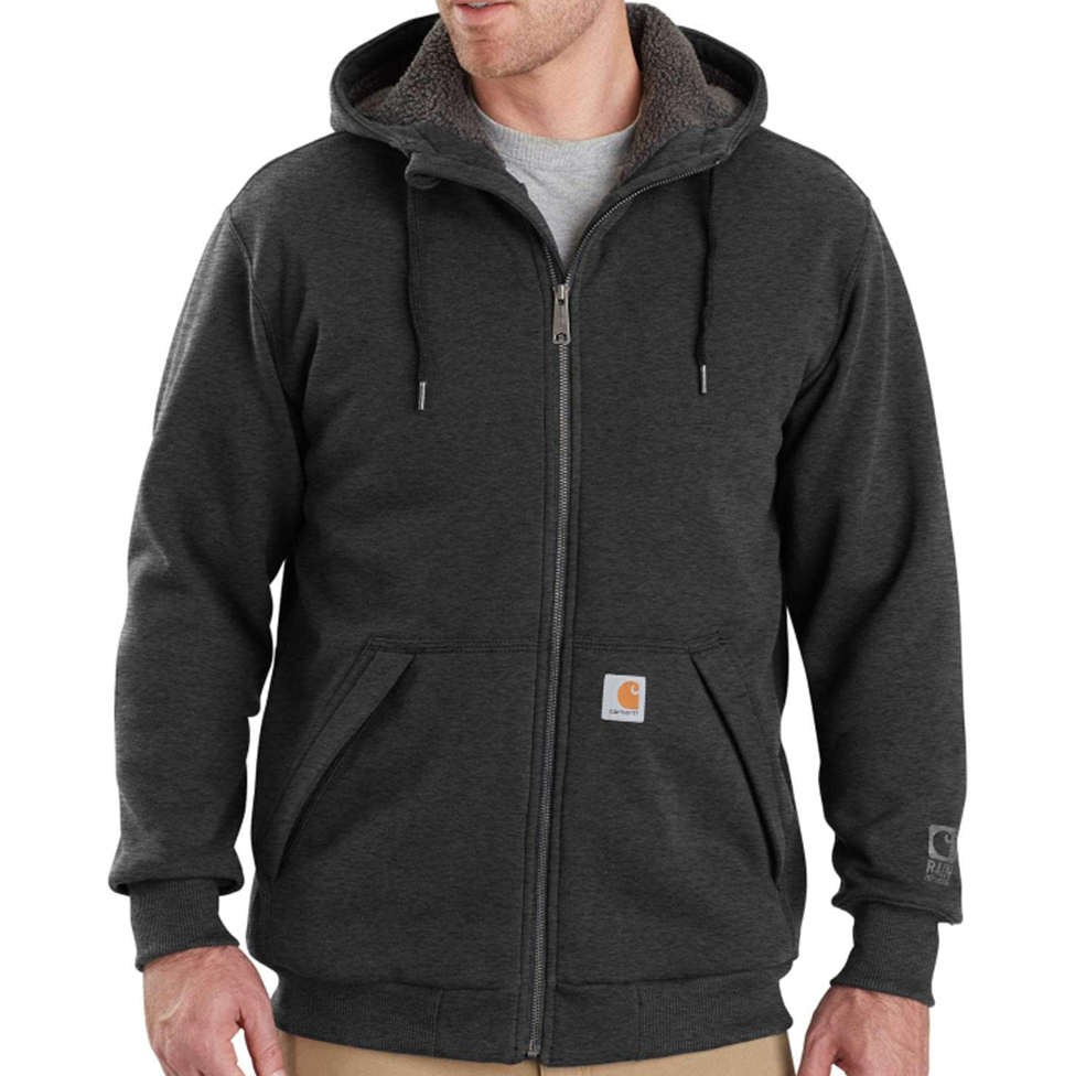 Dark gray hoodie with brand logo on a white background