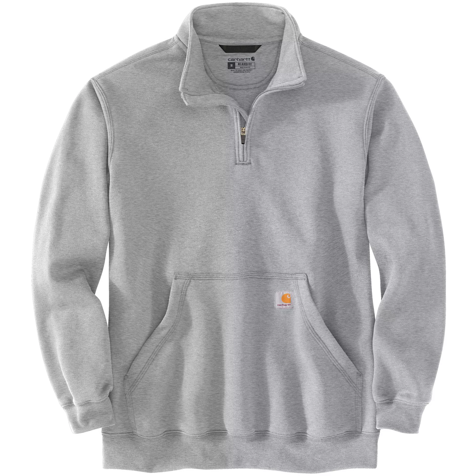 Gray pullover with a quarter-zip design on a white background