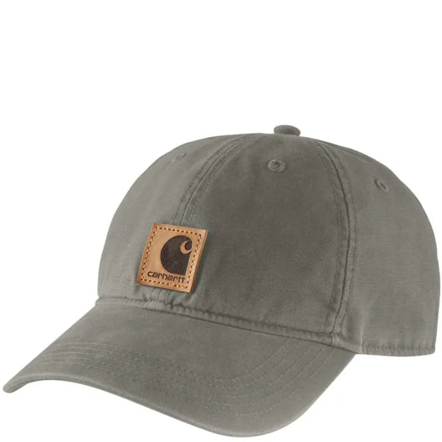 Gray cap with a brown leather patch featuring a logo on a white background