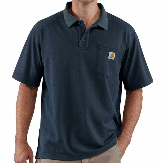 Navy blue polo shirt with a brand logo on a white background