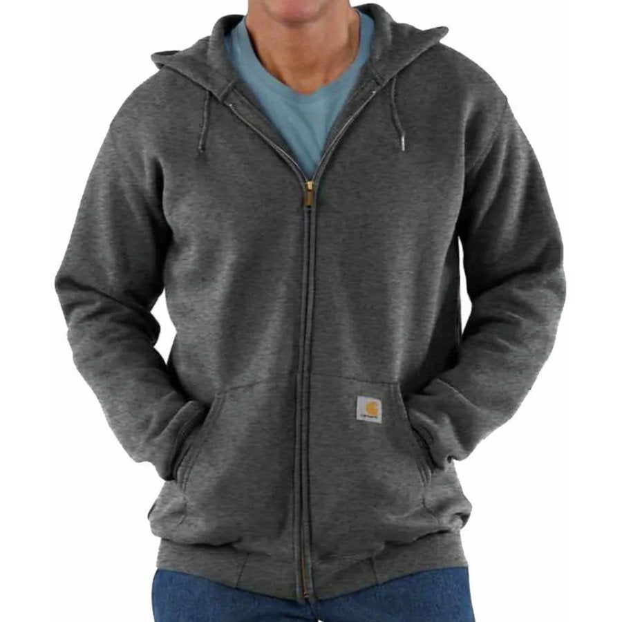 Person wearing a gray hoodie with a visible brand logo on a white background