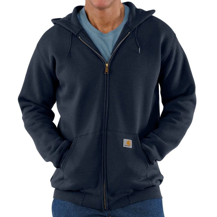 Navy blue hoodie worn by a person on a white background