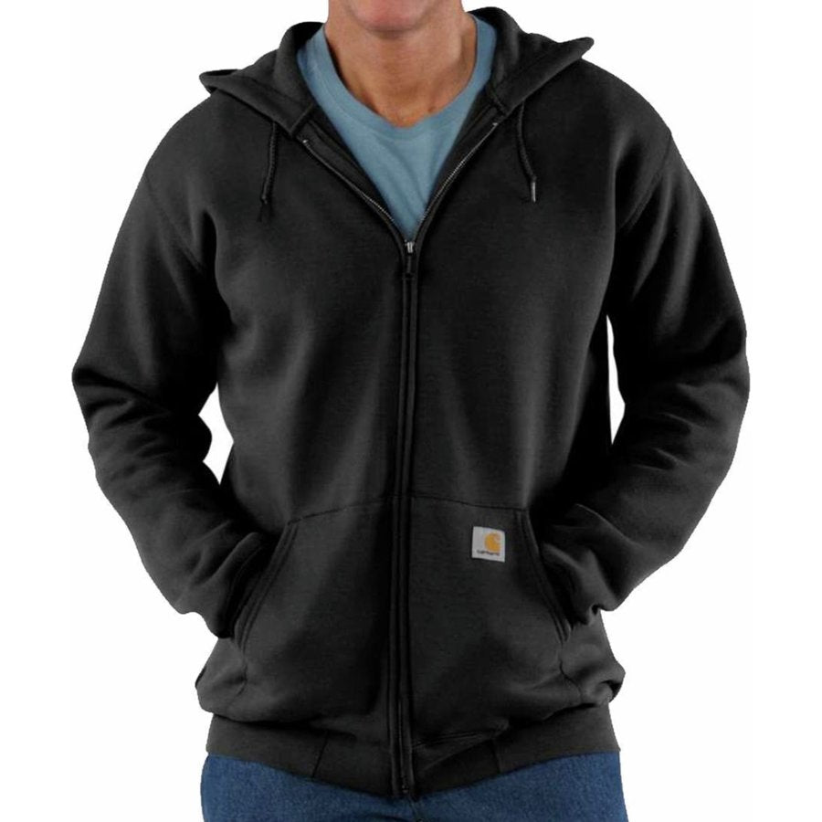 Black hoodie worn by a person on a white background