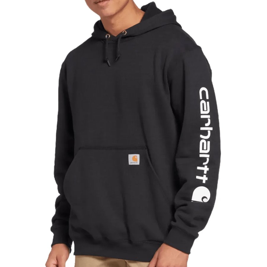 Black hoodie with Carhartt logo on sleeve against a white background