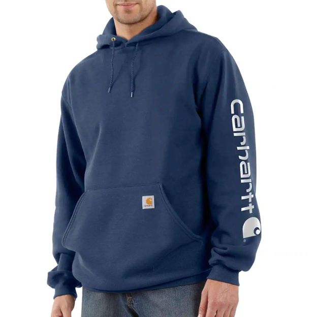 Navy hoodie with Carhartt logo on a white background