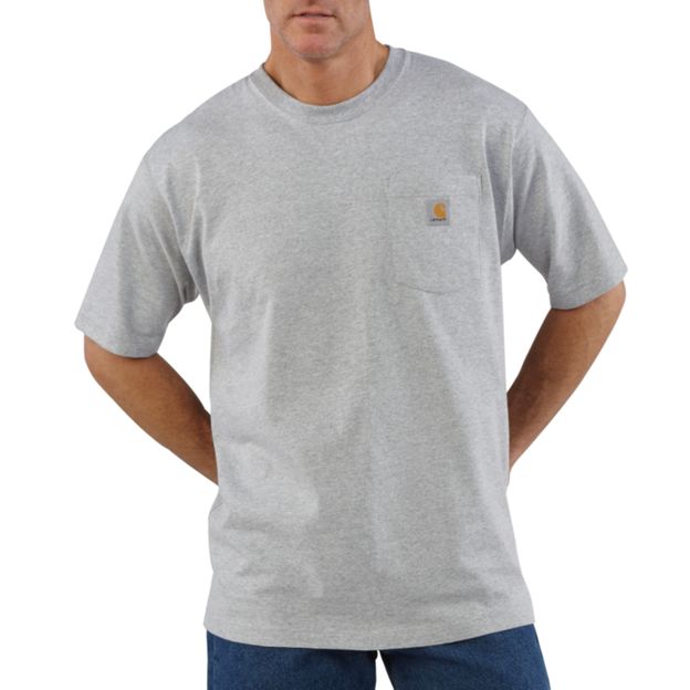 Man wearing a gray t-shirt with a brand logo on a white background